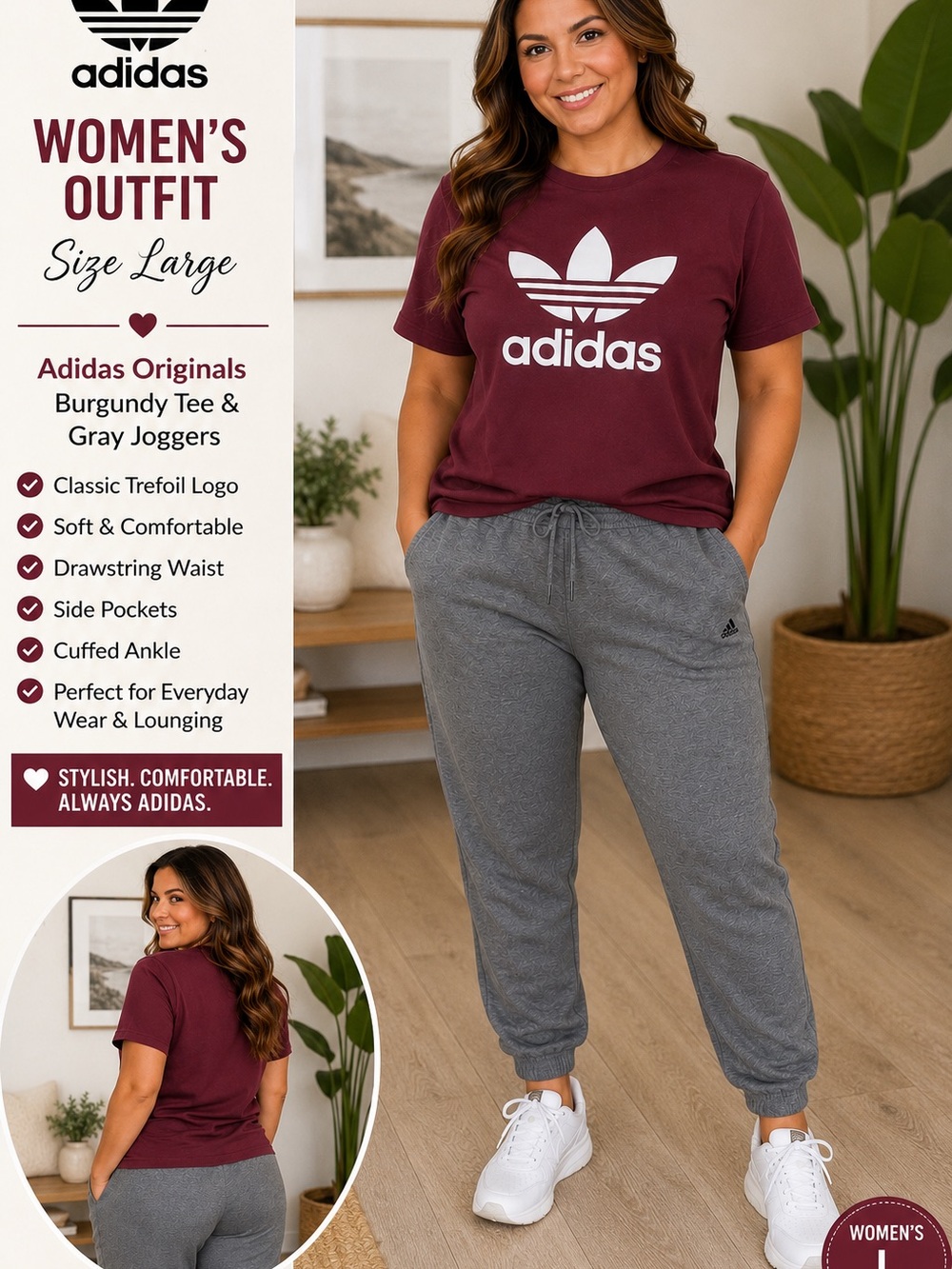 adidas women’s large Burgundy Trefoil Tee with Gray Joggers